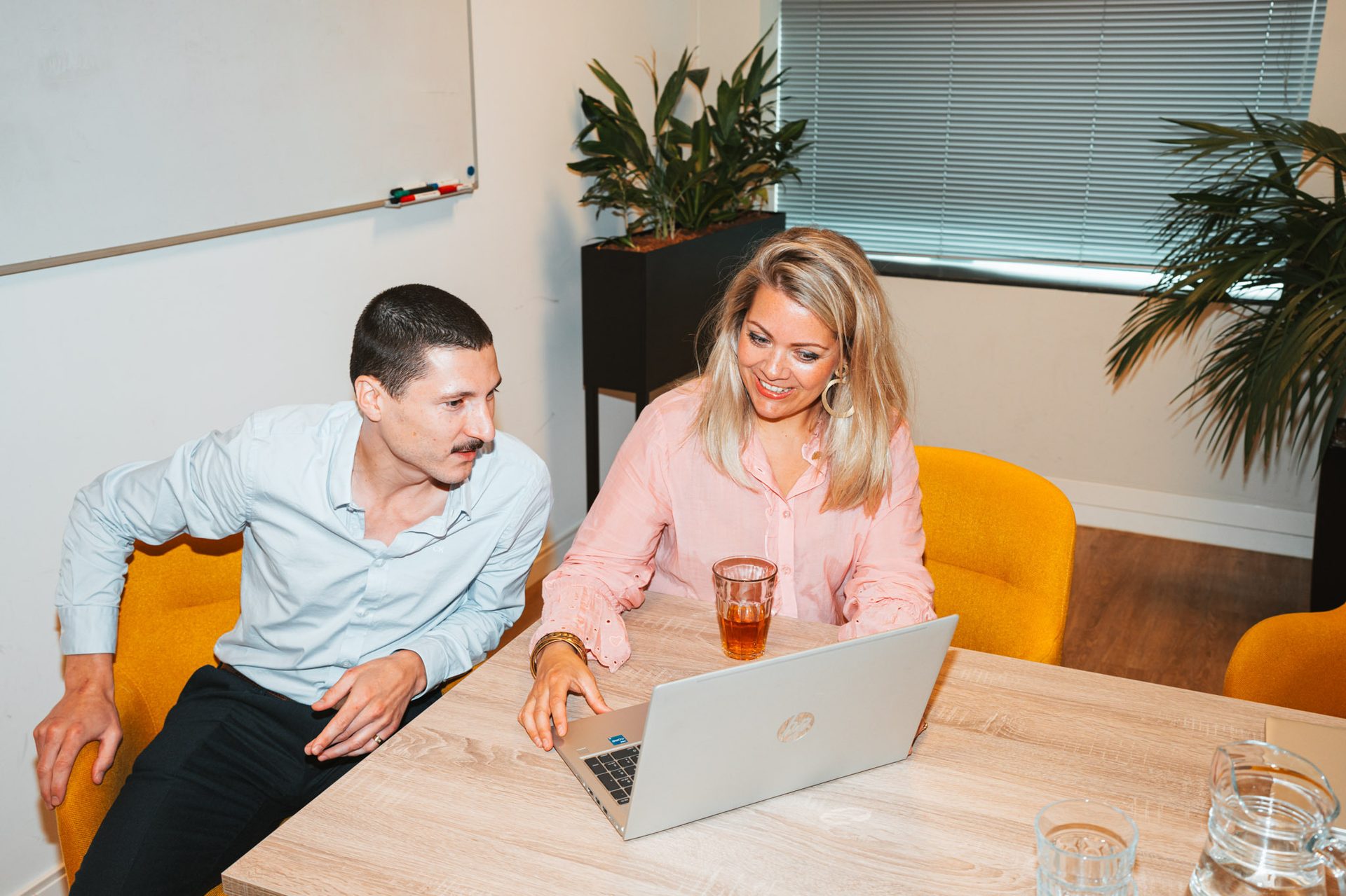 Personal computer, Table, Plant, Smile, Tableware, Houseplant, Laptop, Fashion, Orange, Comfort