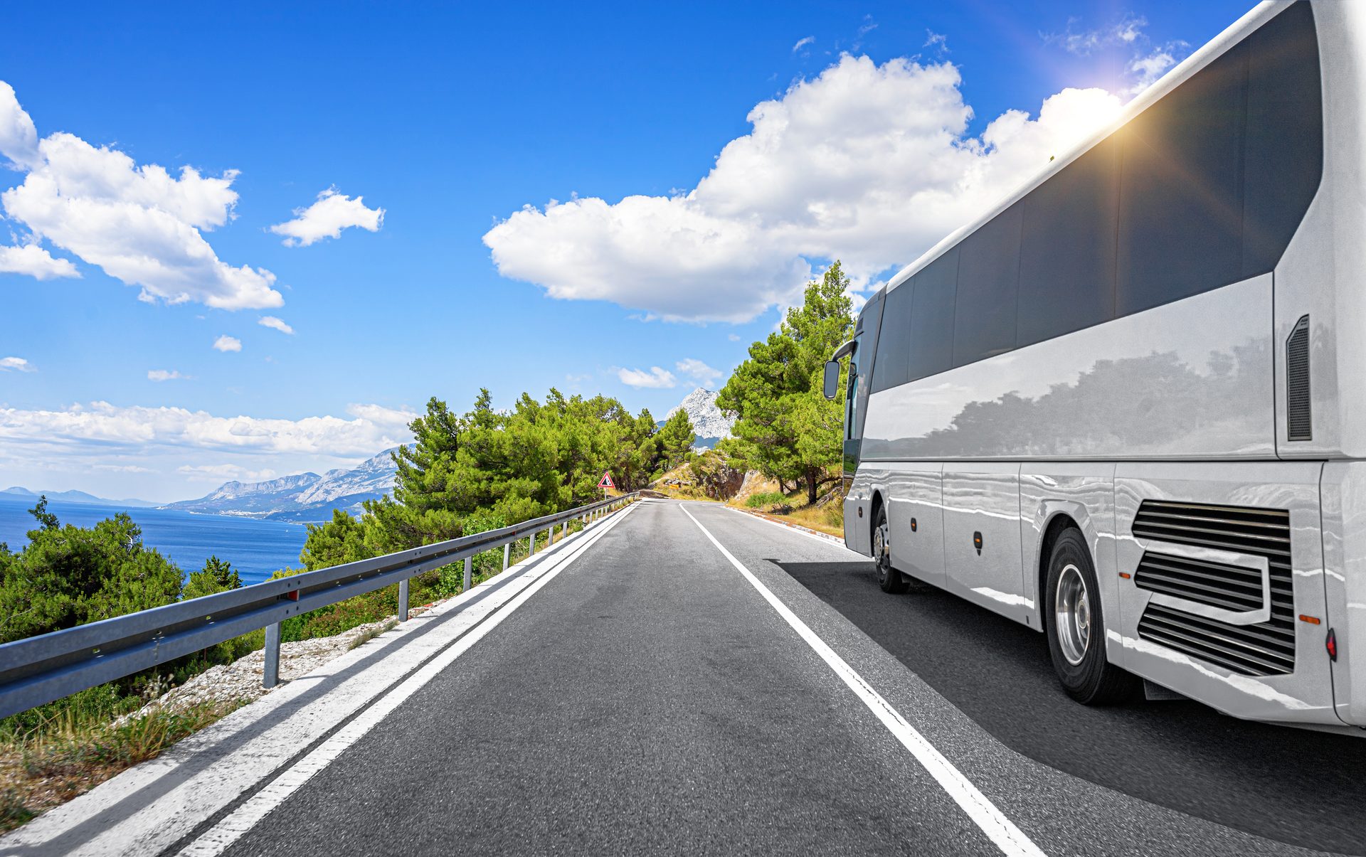 Automotive lighting, Cloud, Bus, Sky, Tire, Wheel, Vehicle, Tree, Plant, Asphalt