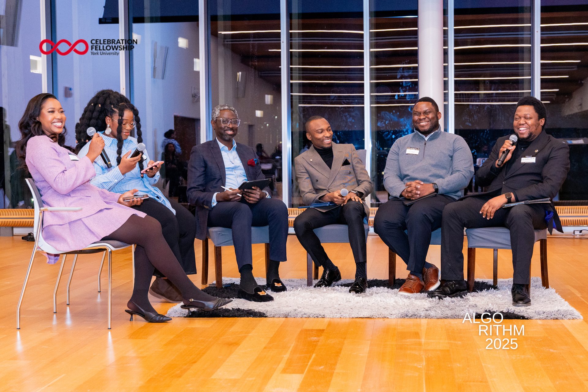 Six smiling people on an indoor panel. Logos for "Celebration Fellowship" and "ALGO RITHM 2025."