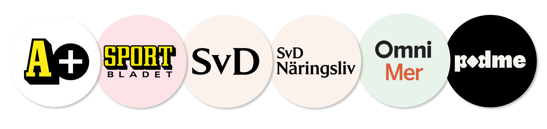 Logos of six Swedish media and content platforms: A+, Sportbladet, SvD, SvD Näringsliv, Omni Mer, and Podme.