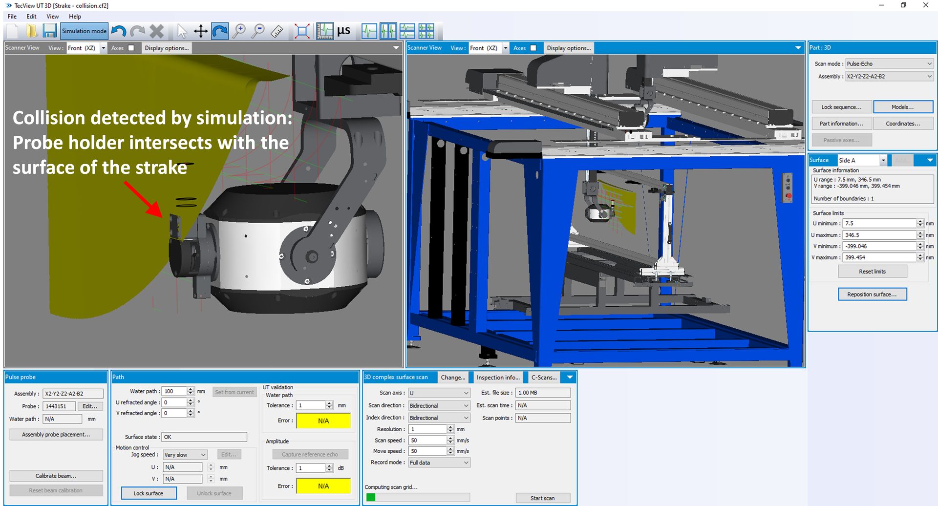 Example of identification of collision in TecView 3D display environment from the intersection of the scanner model with the inspected part model