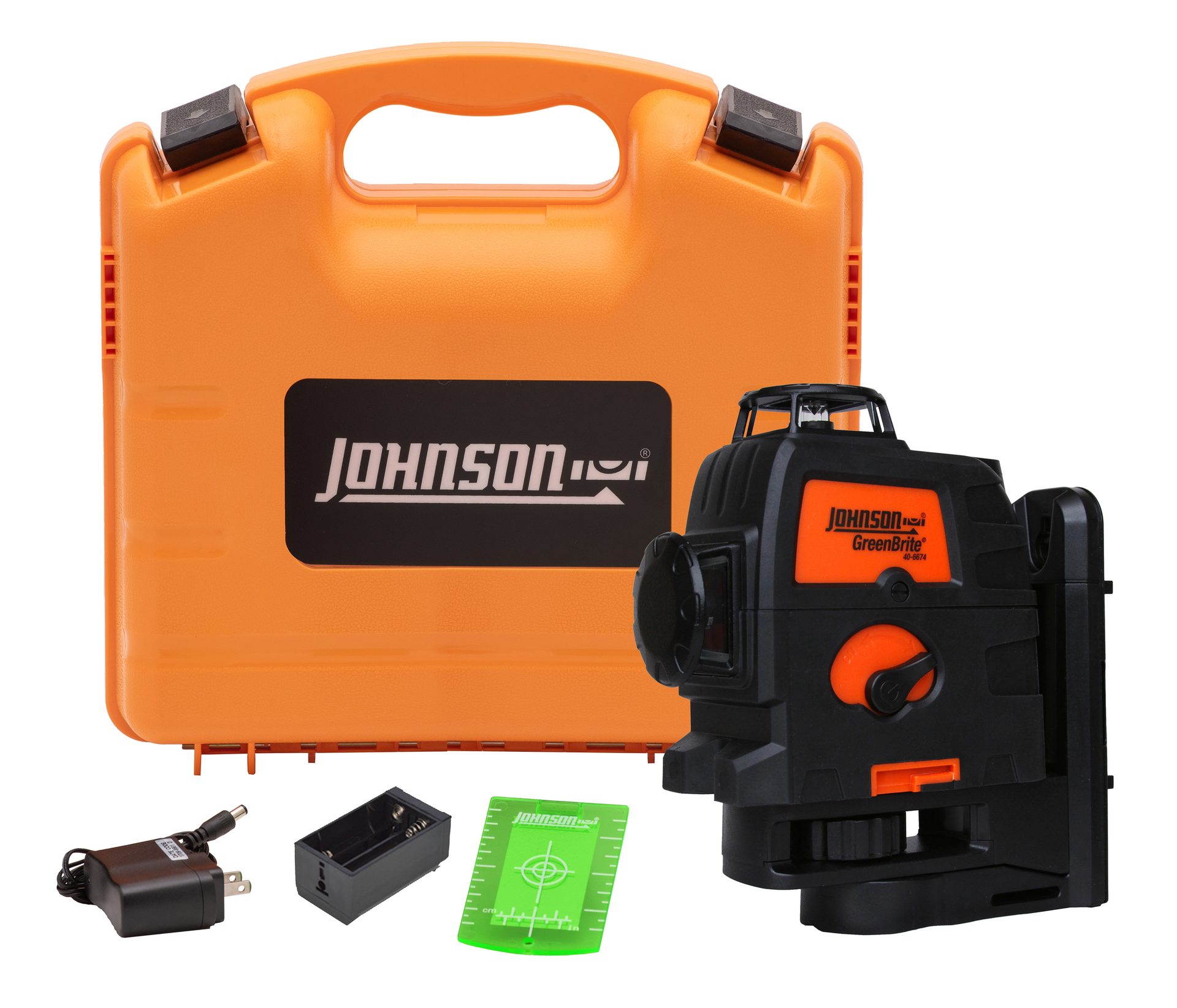 Johnson GreenBrite laser level kit with orange case, charger, battery pack, and target plate.