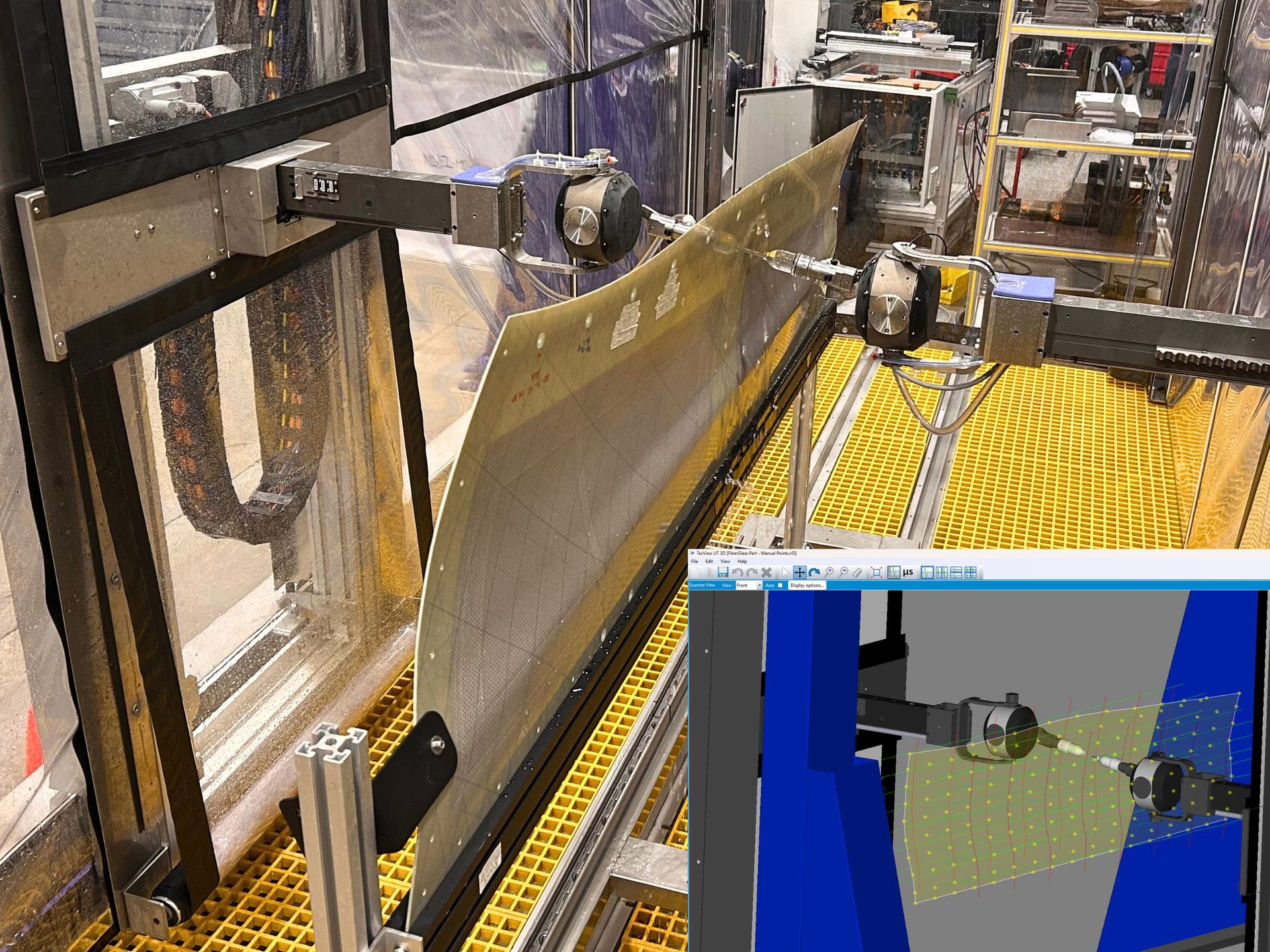 Robotic arms scan a large, curved aerospace component in an industrial setting, with a digital model view.