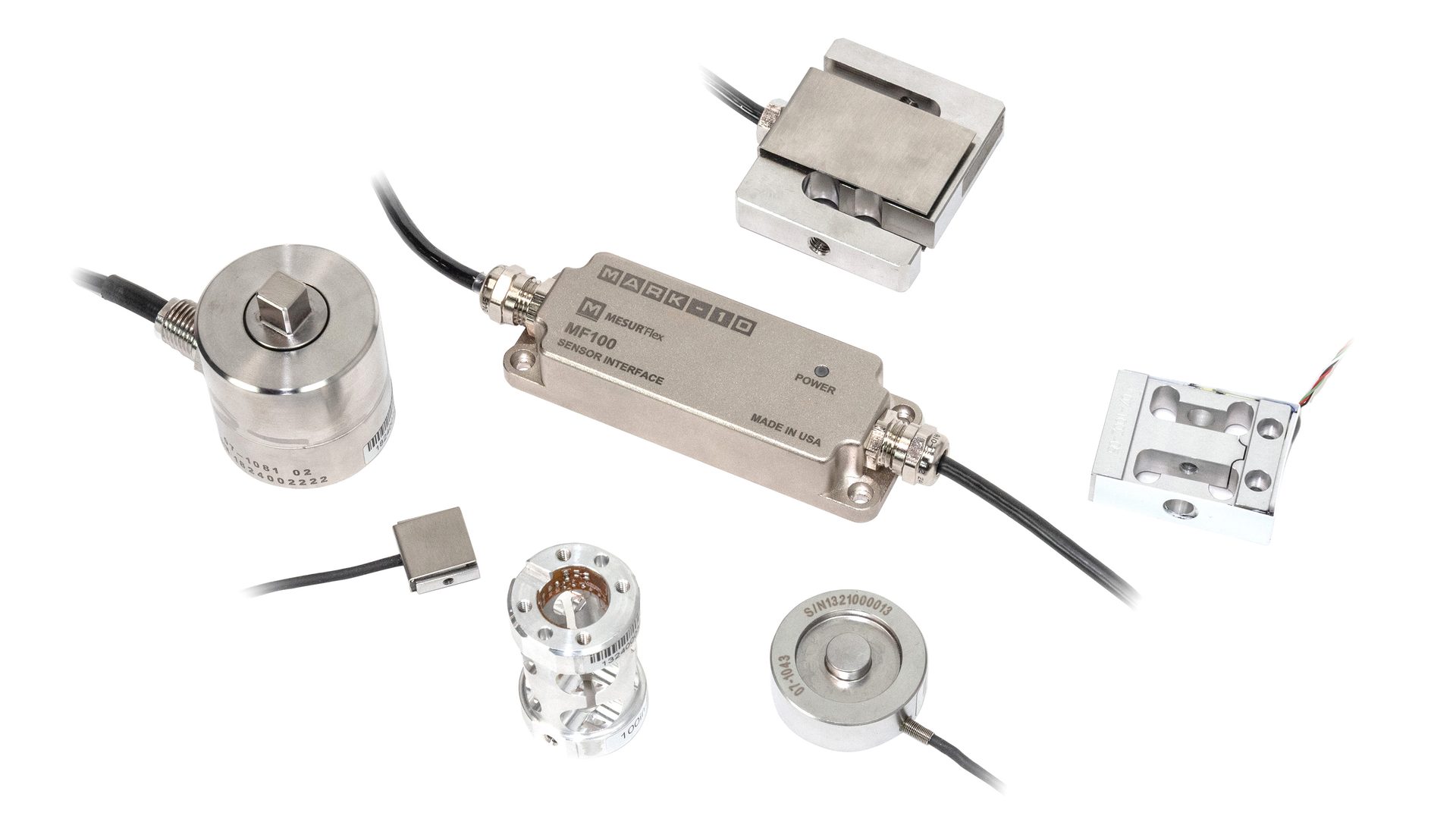 Various load cells and sensors, including a MARK-10 MF100 sensor interface, for force measurement applications.