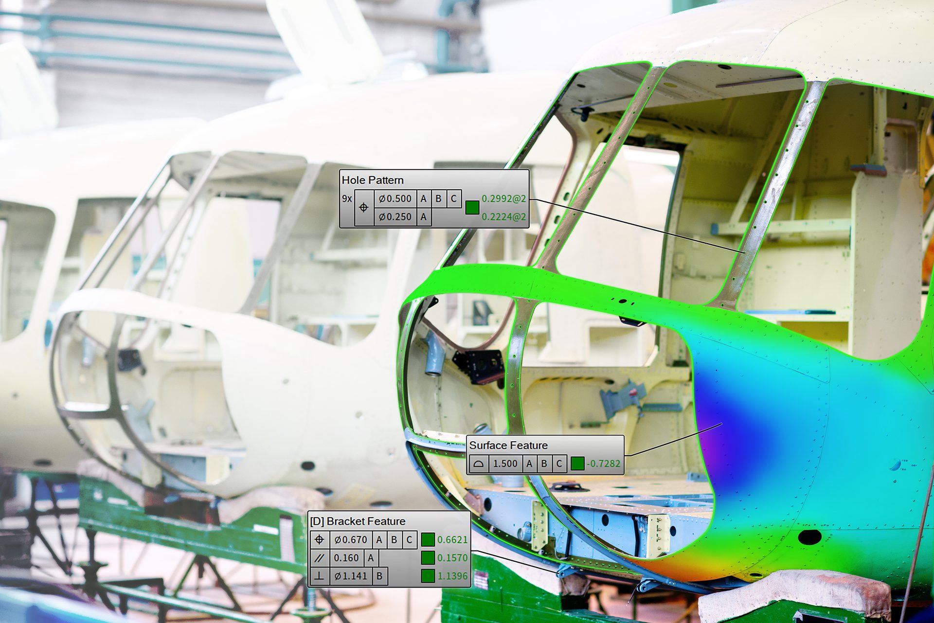 Helicopter fuselage with color-mapped 3D scan data and dimension readouts.