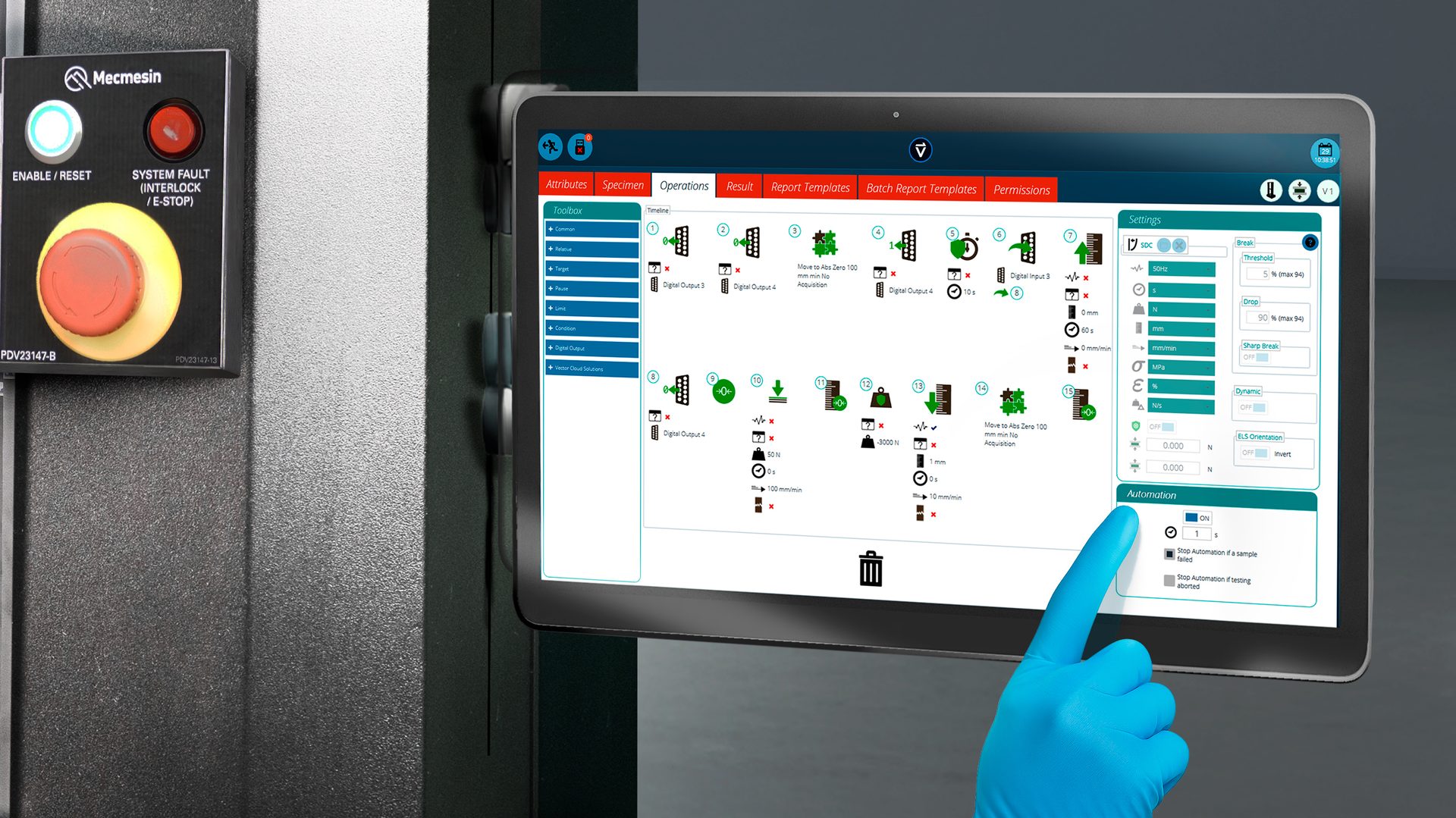 UTM software controls the 15 operational steps in this ASTM test procedure. A fully automated solution will require the software to respond to digital I/O triggers synchronized to hardware events, by interfacing completely—waiting, responding and sending instructions to the next element, automatically. Some human interaction will be needed to hand off control.