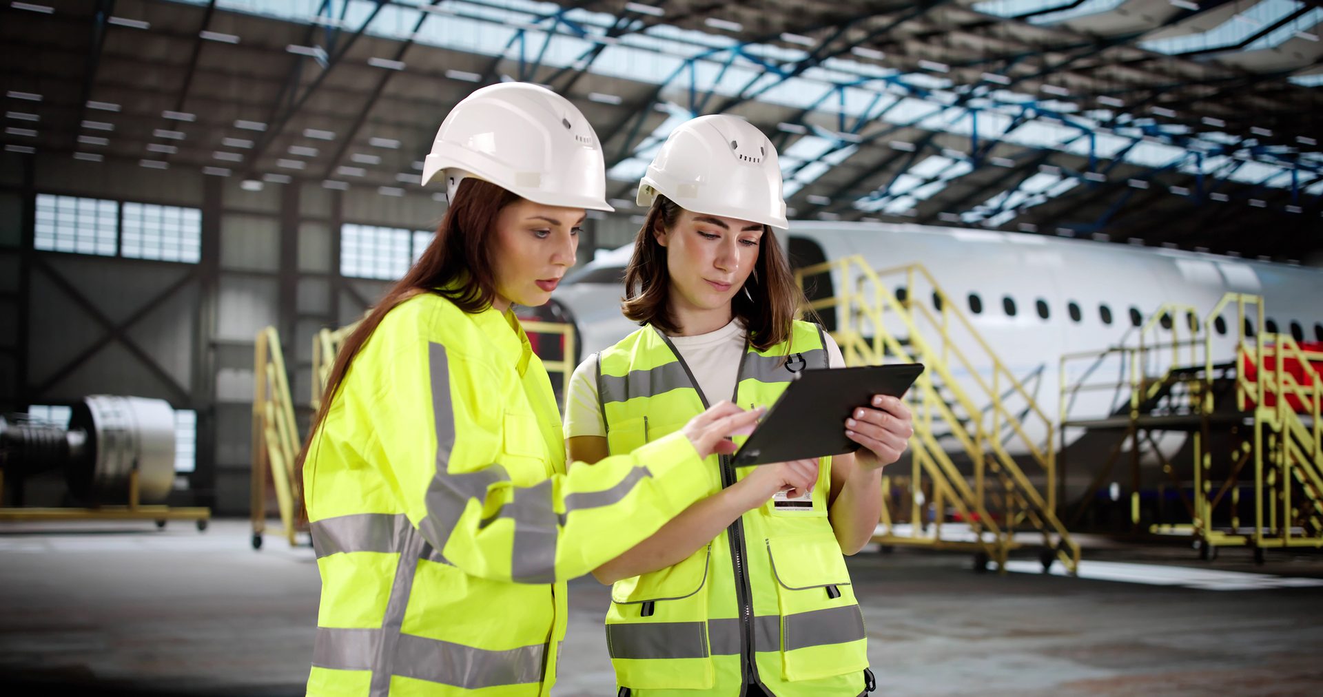 Two workers looking at tablet in airplane hangar