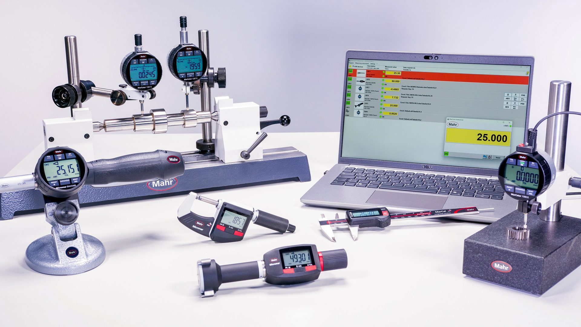 Mahr precision measuring instruments including digital indicators, micrometers, bore gauges, calipers, and software.