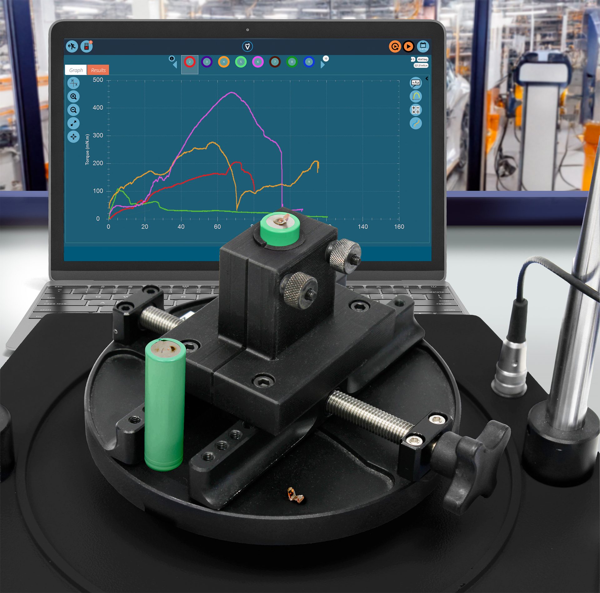 An adjustable clamping fixture grips the cell’s exact geometry enabling meaningful comparative testing of batches.