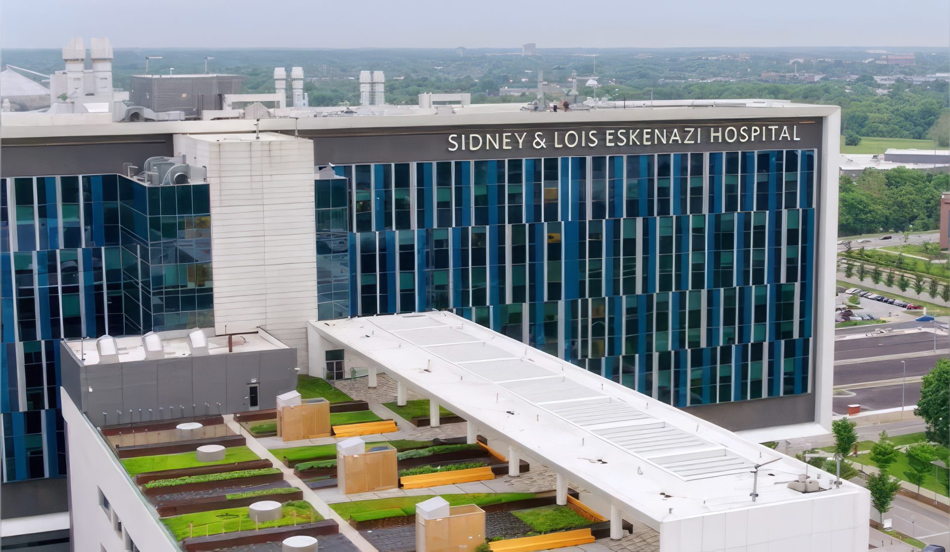 Sidney & Lois Eskenazi Hospital, a modern building with blue/green glass and a green roof.