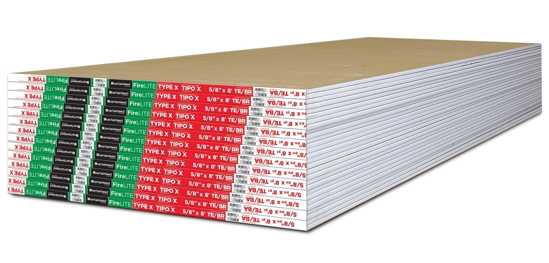 Stack of CertainTeed FireLITE TYPE X gypsum boards.