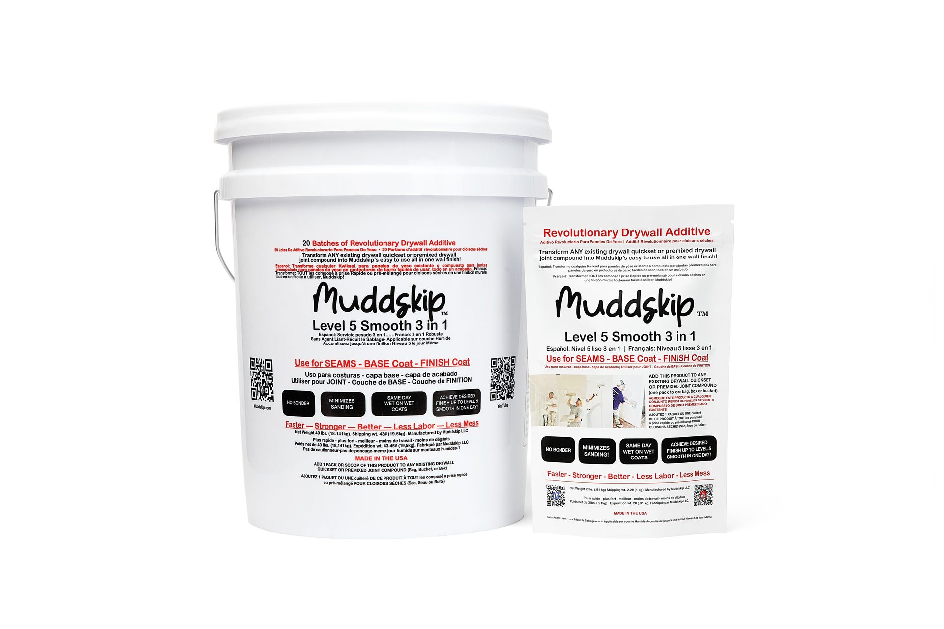 White bucket and pouch of Muddskip Level 5 Smooth 3 in 1 drywall additive for smooth finish.