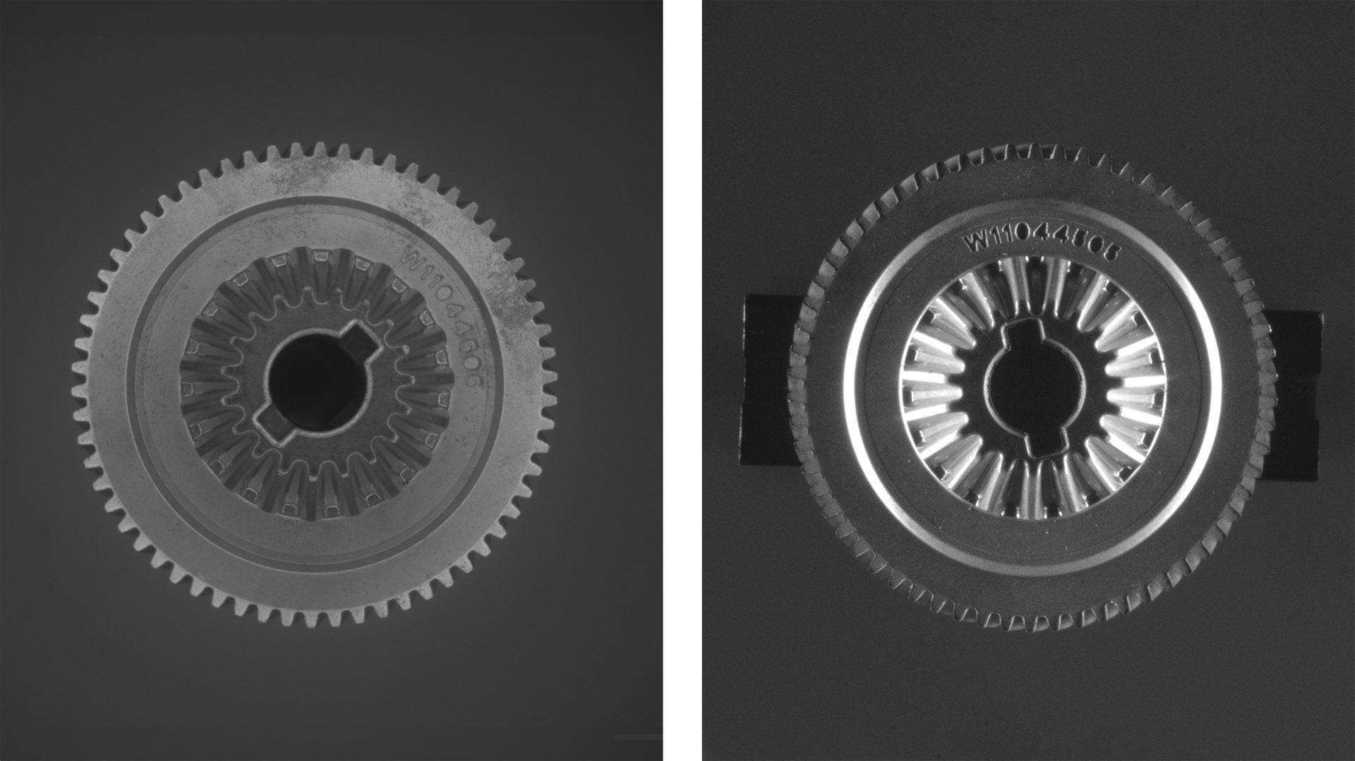 Figure 1: The image on the left uses a ring light dark field implementation while the image on the right shows a linear darkfield setup, which does not produce sufficient contrast needed for a machine vision system.