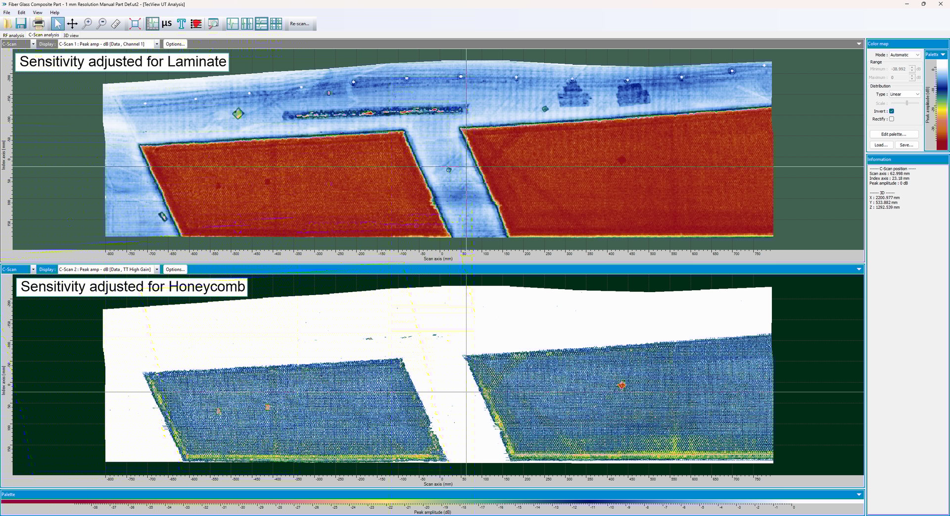Two ultrasonic C-scans comparing laminate (top) and honeycomb (bottom) sensitivity settings.