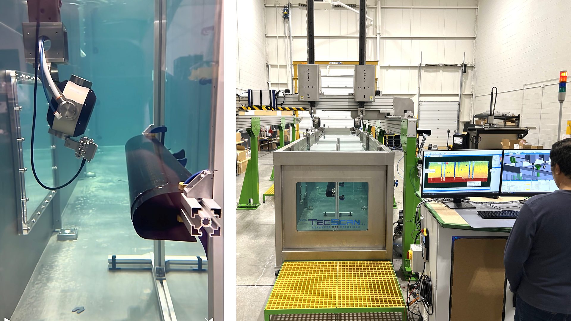 Automated immersion system used for the inspection of U-Shaped carbon composite panel