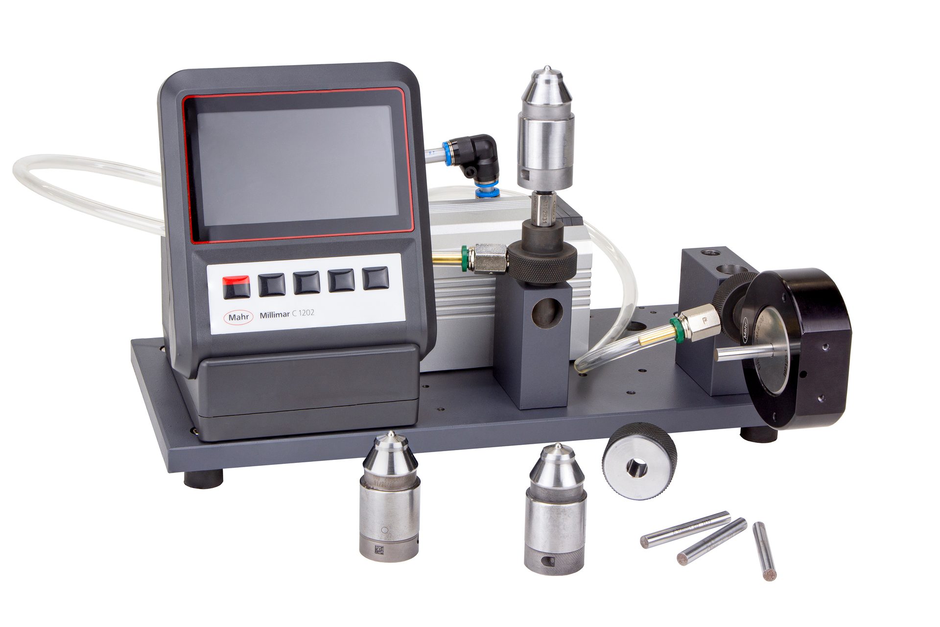 A Mahr Millimar C 1202 pneumatic measuring system with display unit and various gauges.