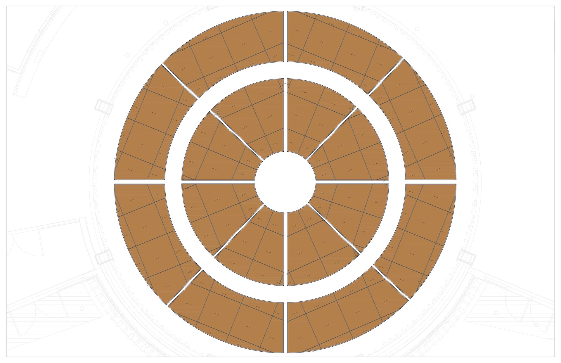 Architectural plan: concentric brown segmented floor panels in a circular layout with a central opening.