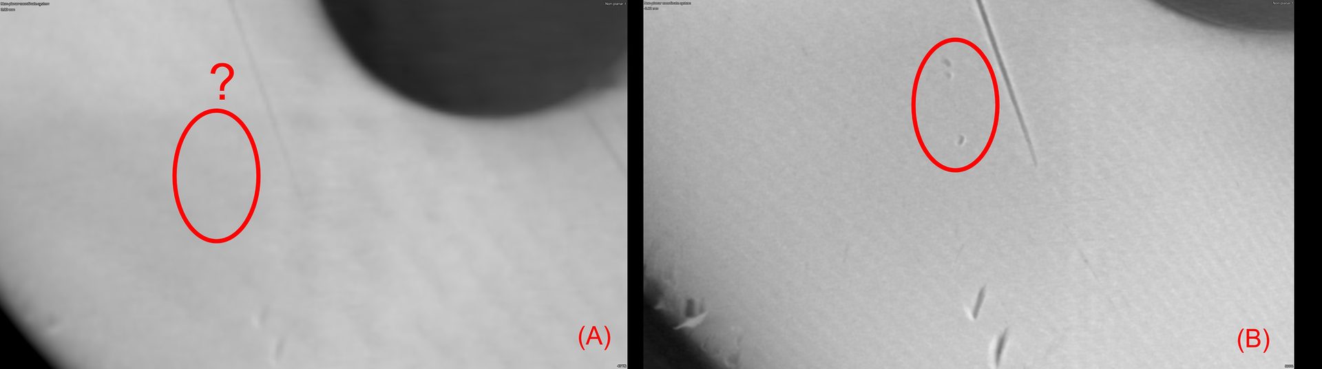 Microscope image comparing (A) an unclear mark to (B) clear specks, circled in red.