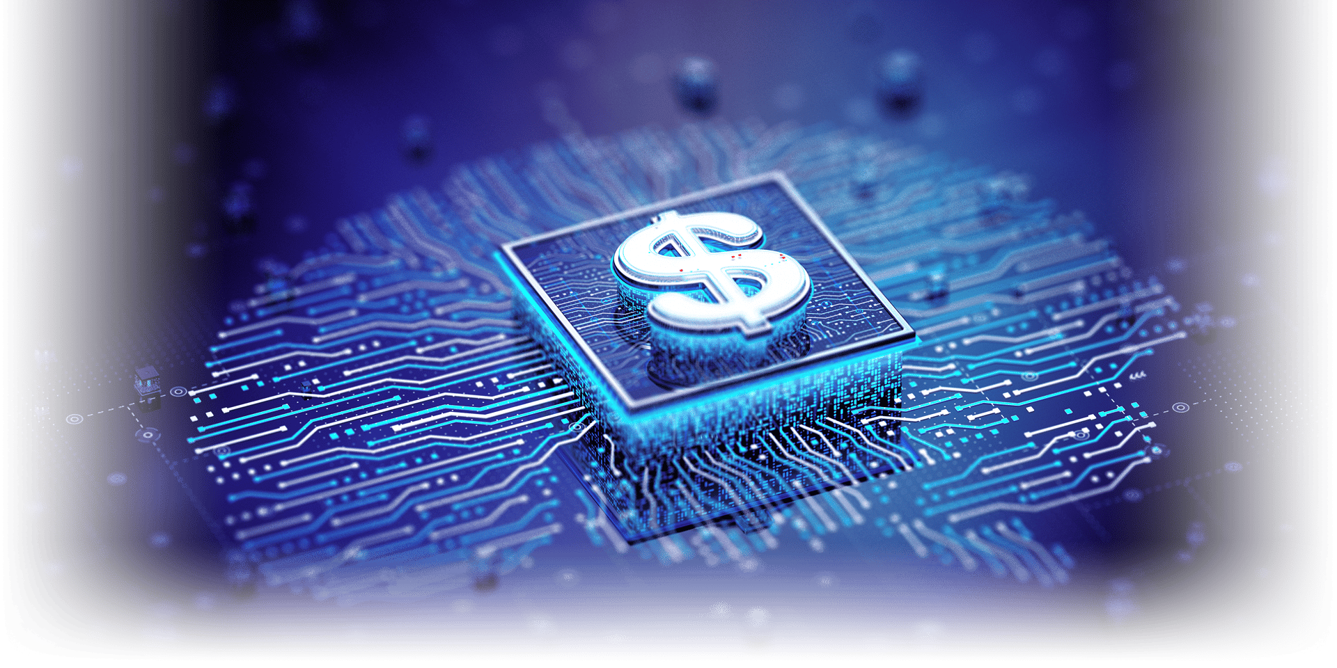 A dollar sign on a glowing microchip embedded in a circuit board, symbolizing digital finance.