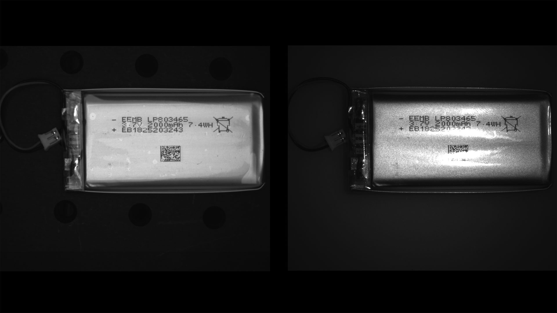 Figure 3: A dome light implementation (left) provides ample contrast for the system to identify and read characters clearly printed on a battery, while a spotlight setup (right) created reflections and glare that would be unusable by the machine vision system.