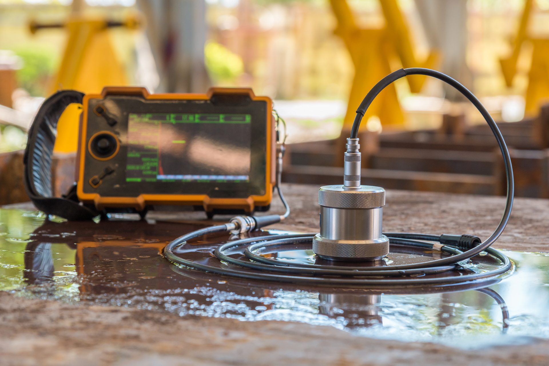 Ultrasonic testing equipment, including a flaw detector and transducer, on a wet surface.