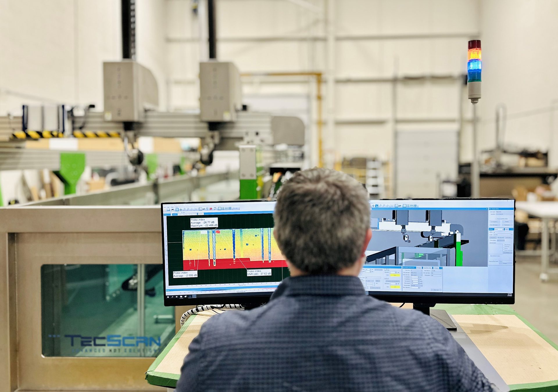 TecView virtual environment with CAD models of an immersion tank and the inspected part