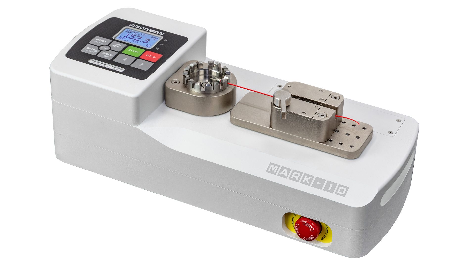 Mark-10 Wire Crimp Pull Tester WT-205M with a red wire, displaying 152.3.