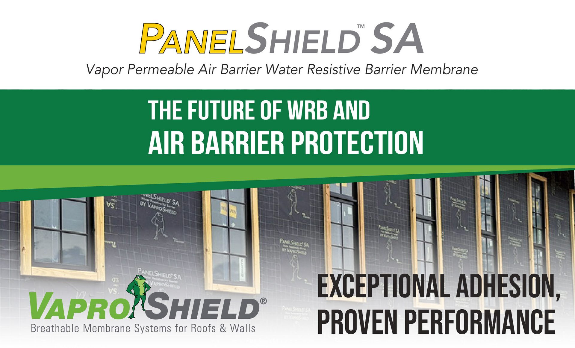 Ad for PanelShield SA & VaproShield building membranes, highlighting adhesion and performance.