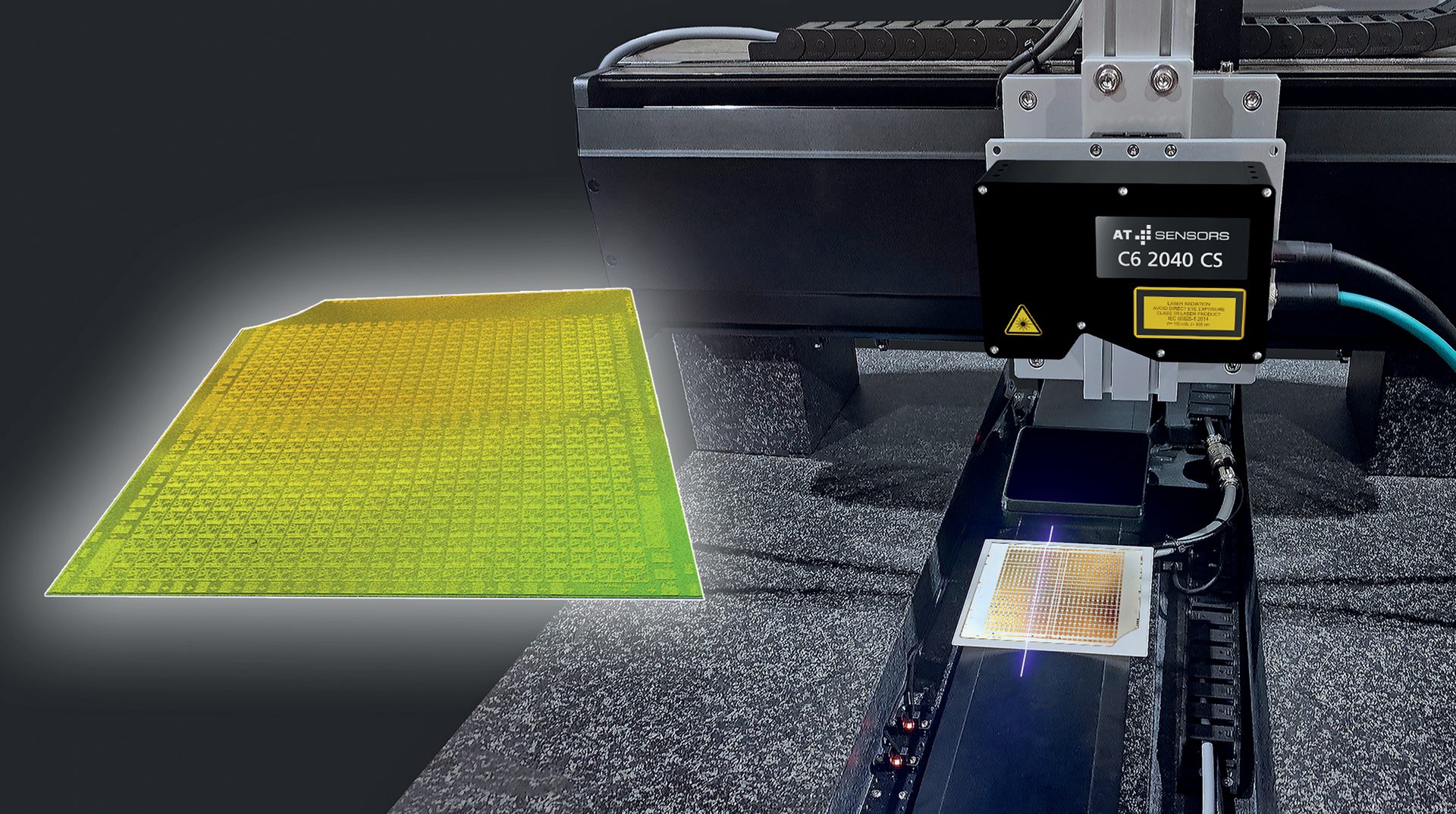 An AT Sensors C6 2040 CS device scans a semiconductor wafer with a laser, next to a large glowing chip array.