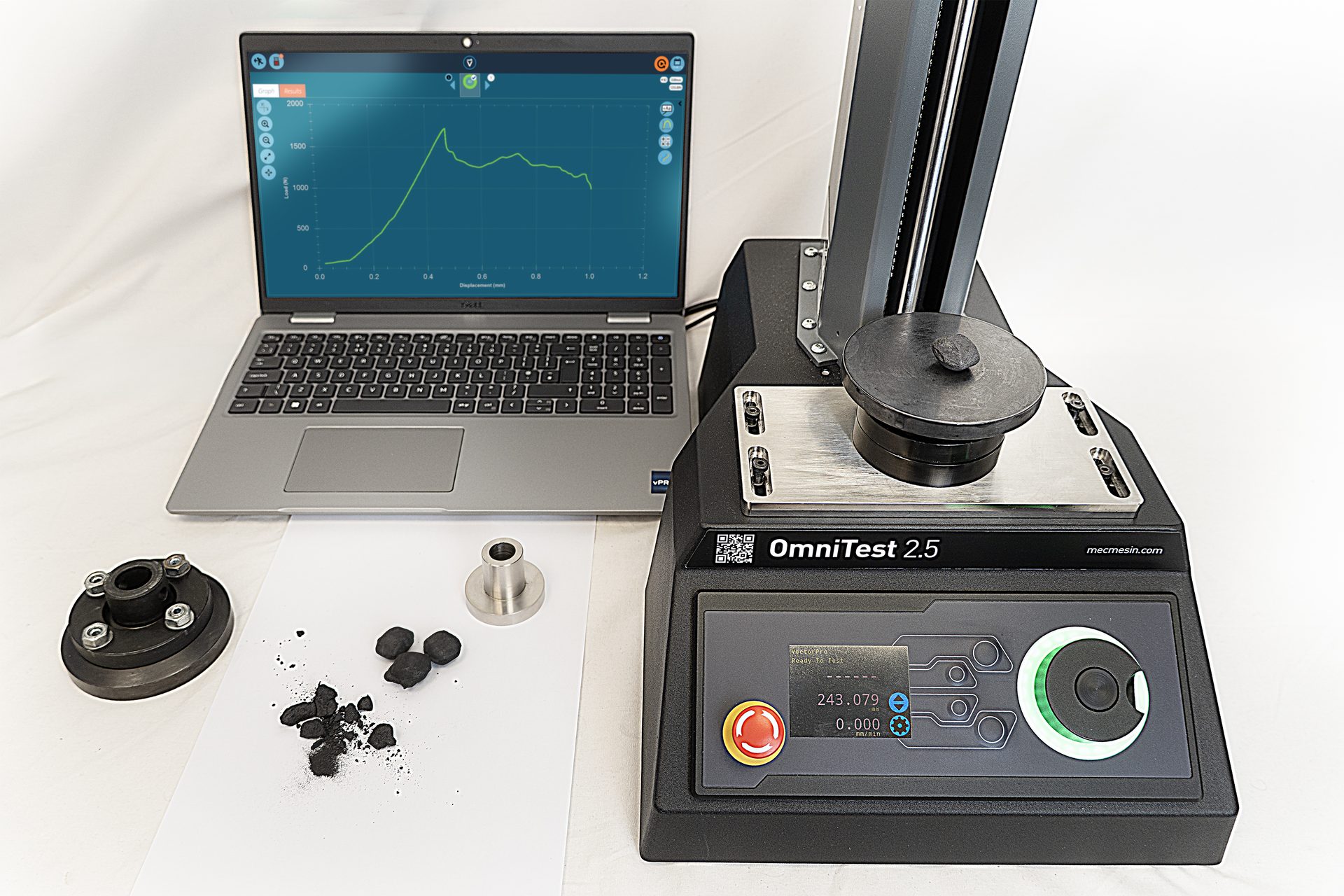 A single test sample is placed, crushed and the real-time results are displayed. The procedure is initiated from the software by the operator and the next sample in the batch is tested by repeating the process.