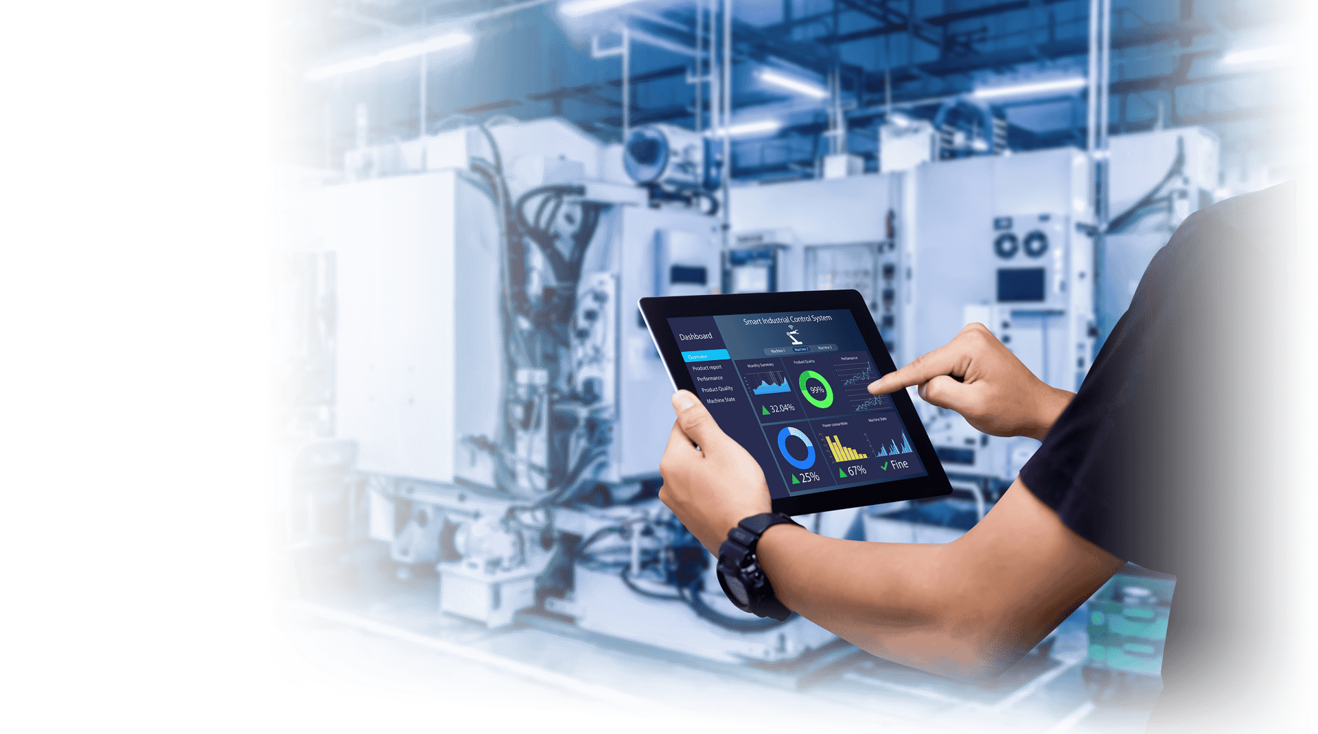 worker with tablet in manufacturing plant