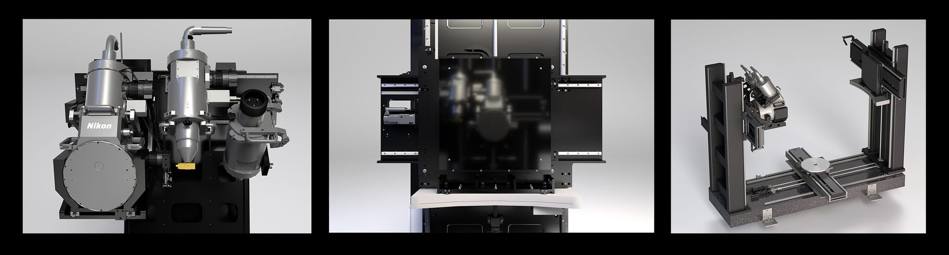Three panels depict a complex Nikon industrial/scientific measurement system from different angles.