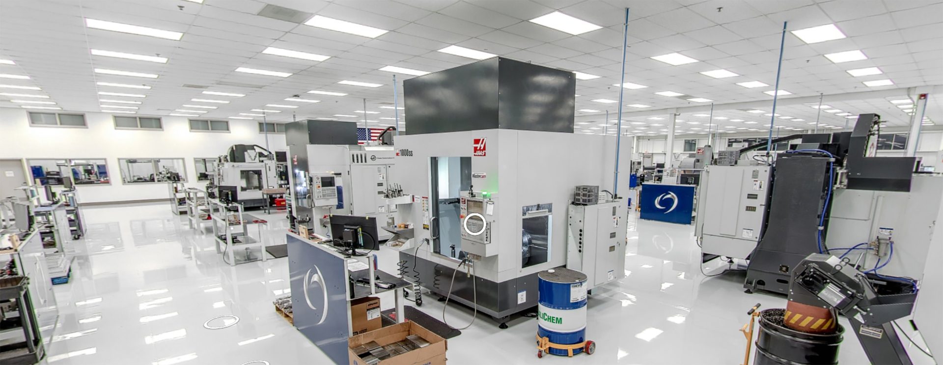 Impressive 200 ft. long CNC machining area in one of RYEs two 80,000-sq.-ft. world class manufacturing facilities where Starrett DataSure 4.0 is deployed.