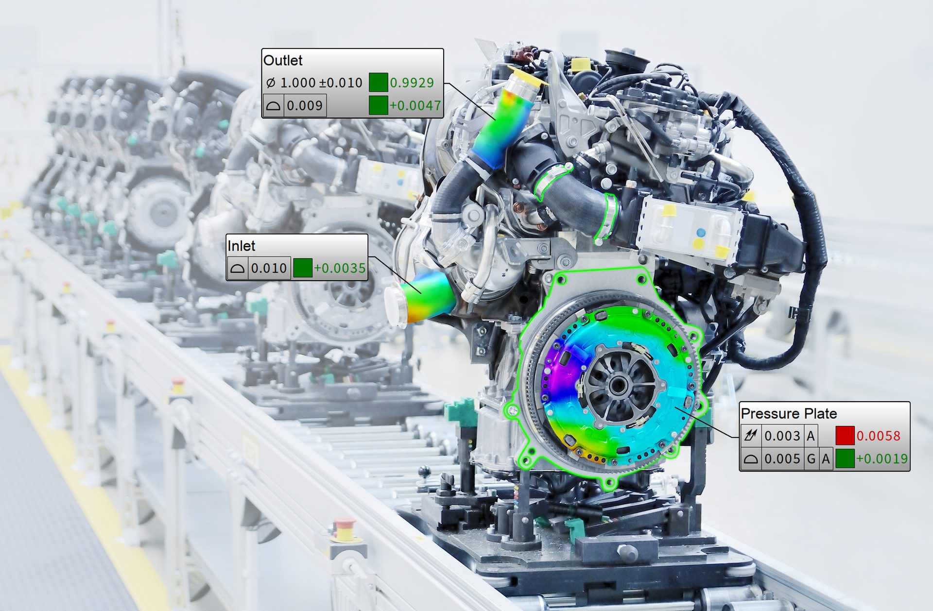 Engine on assembly line with AR overlay for quality control and measurements.