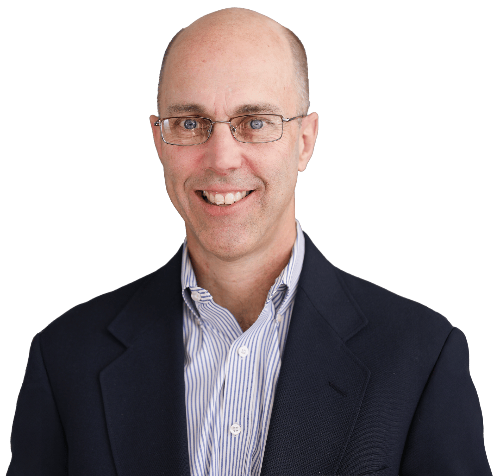 Smiling bald man in glasses, striped shirt, and navy blazer.