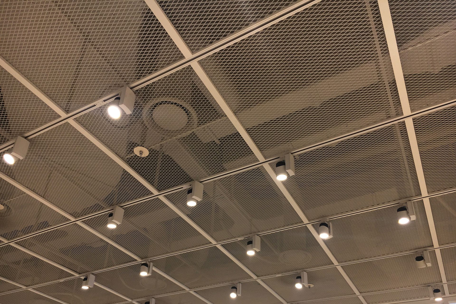 Modern ceiling with a metal mesh grid, white beams, and many illuminated track lights.