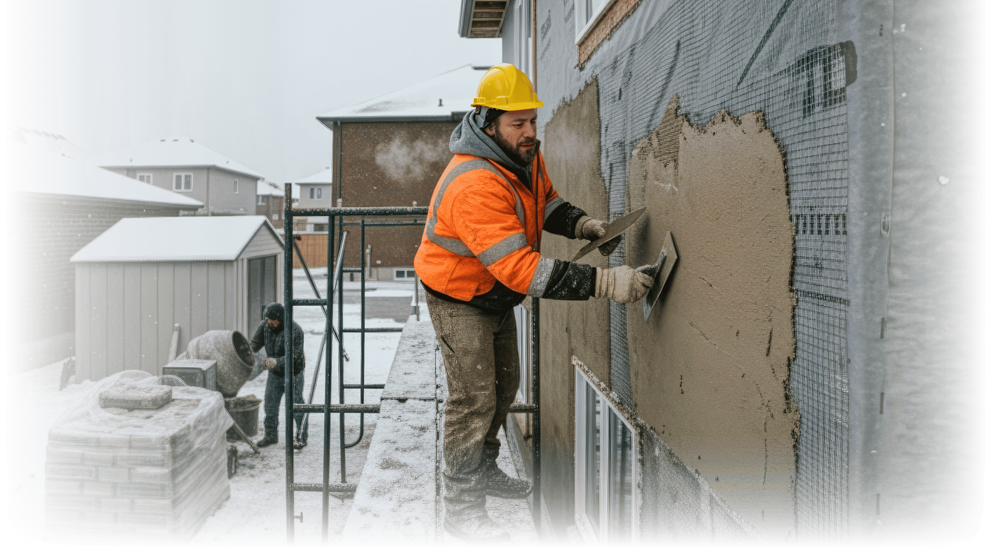 Construction workers apply stucco to a building wall on a snowy day, with one worker mixing cement.