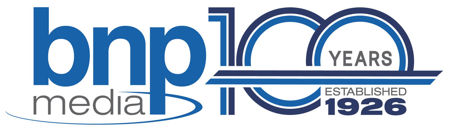 BNP Media 100-year anniversary logo, established 1926, featuring blue and grey text with stylized numbers.