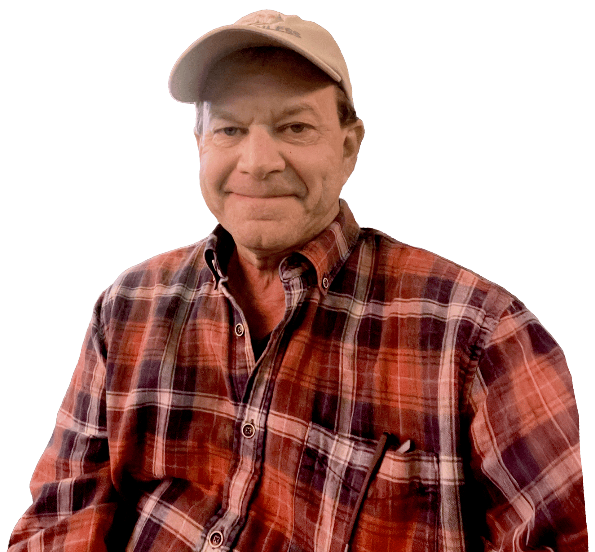 Portrait of a smiling man in a plaid shirt and light baseball cap.
