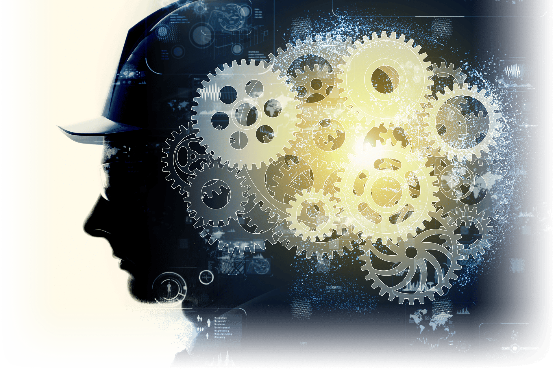 Man with hard hat and gears