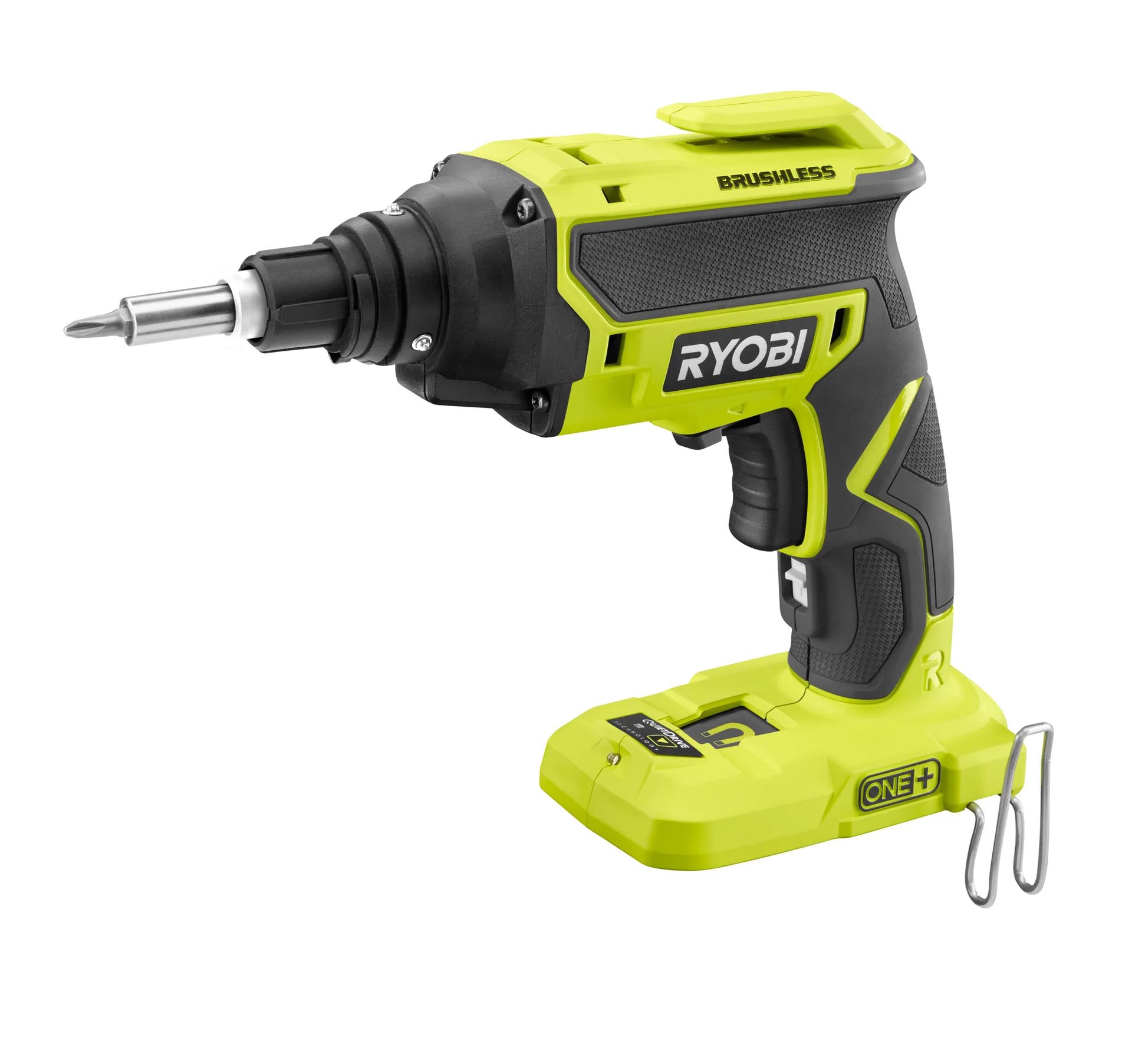 Lime green and black Ryobi ONE+ cordless brushless impact driver with a bit.