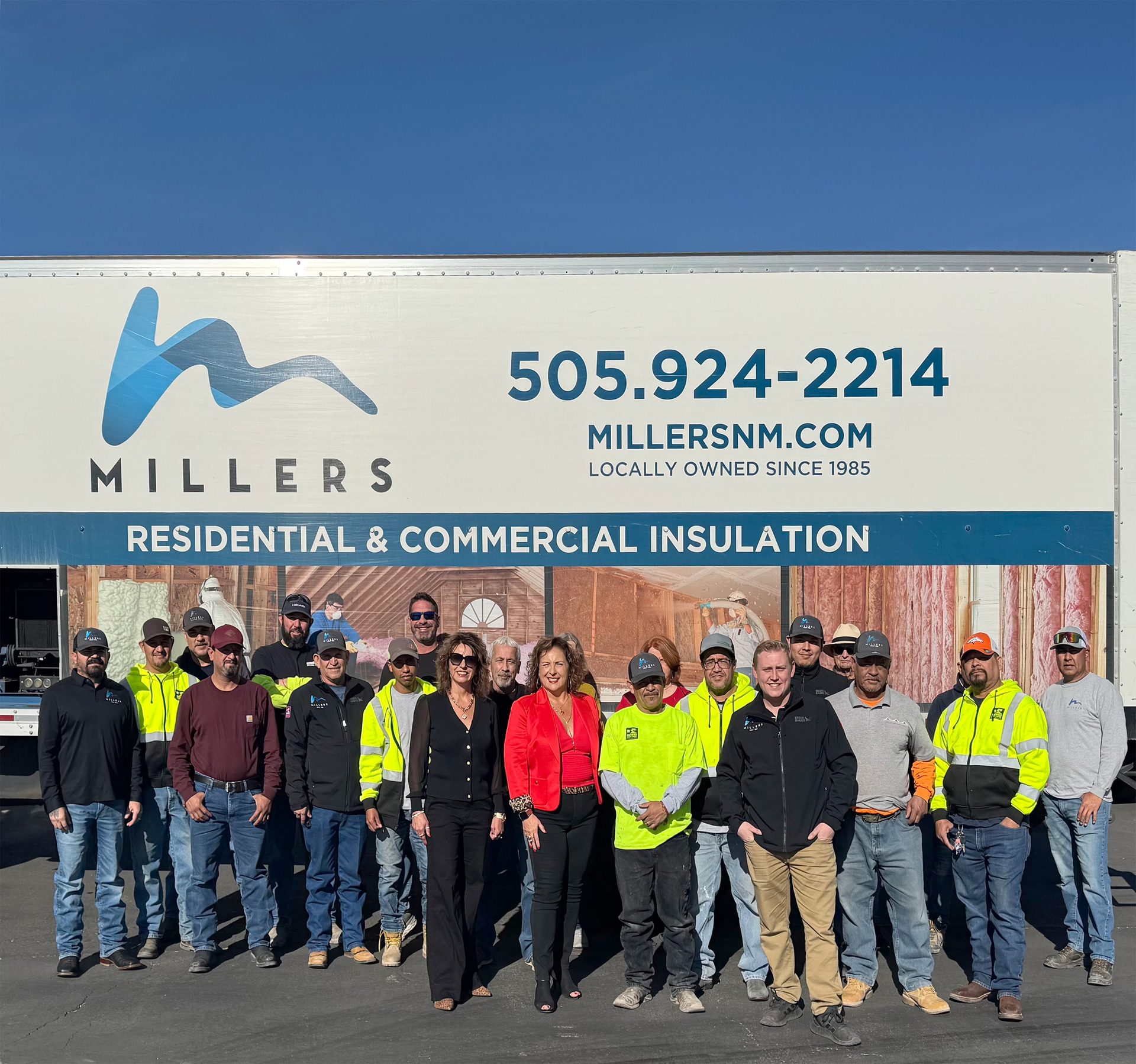 Team photo in front of a Millers Insulation truck with 505.924-2214 and MILLERSNM.COM.