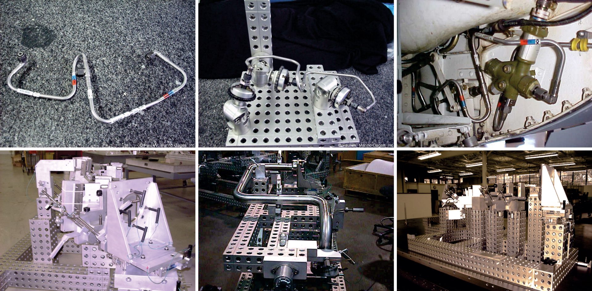 Bent metal tubing production: raw tubes, modular inspection fixtures, and final assembly in machinery.