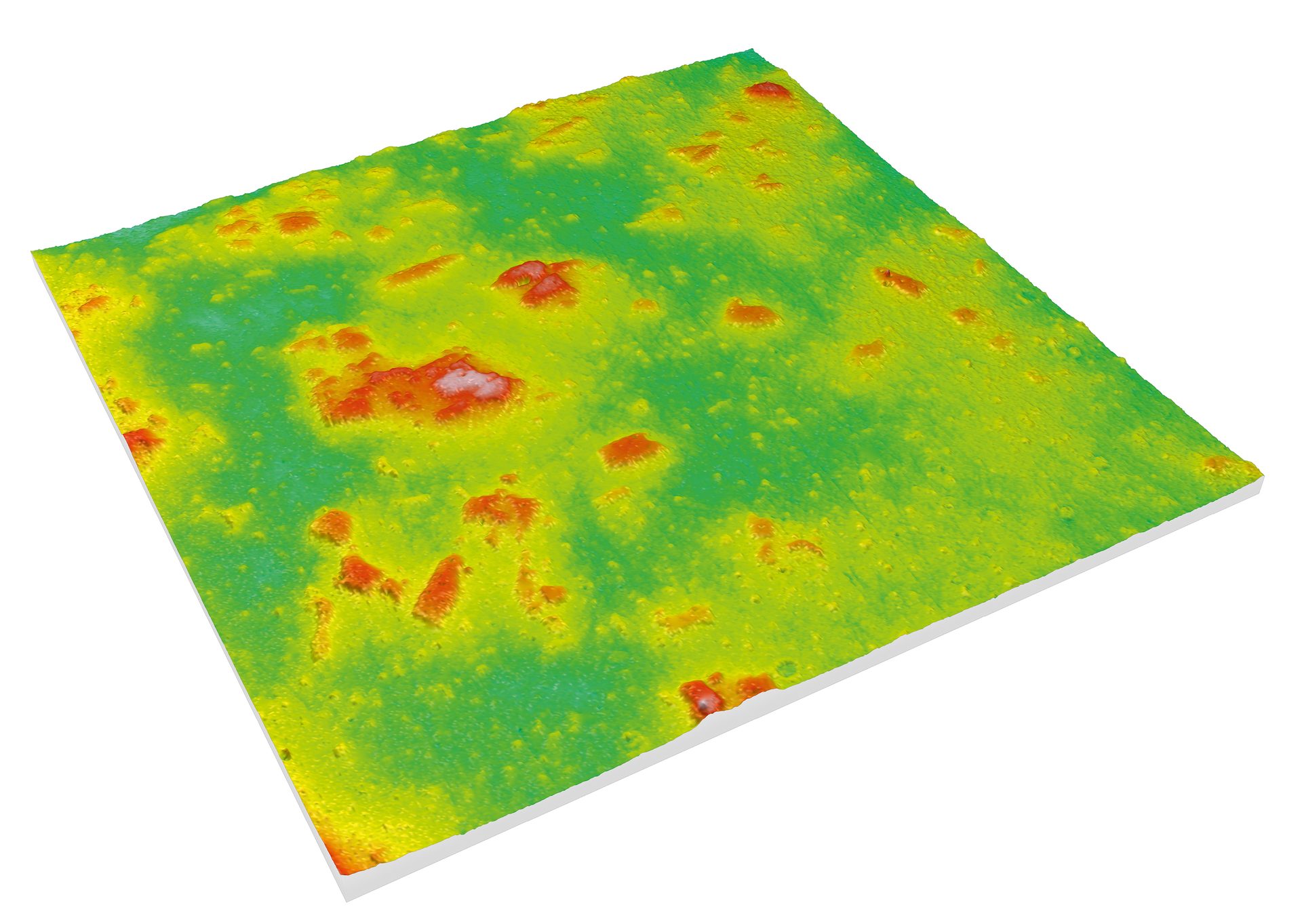 3D topographic surface, colored green to red, showing height variations.