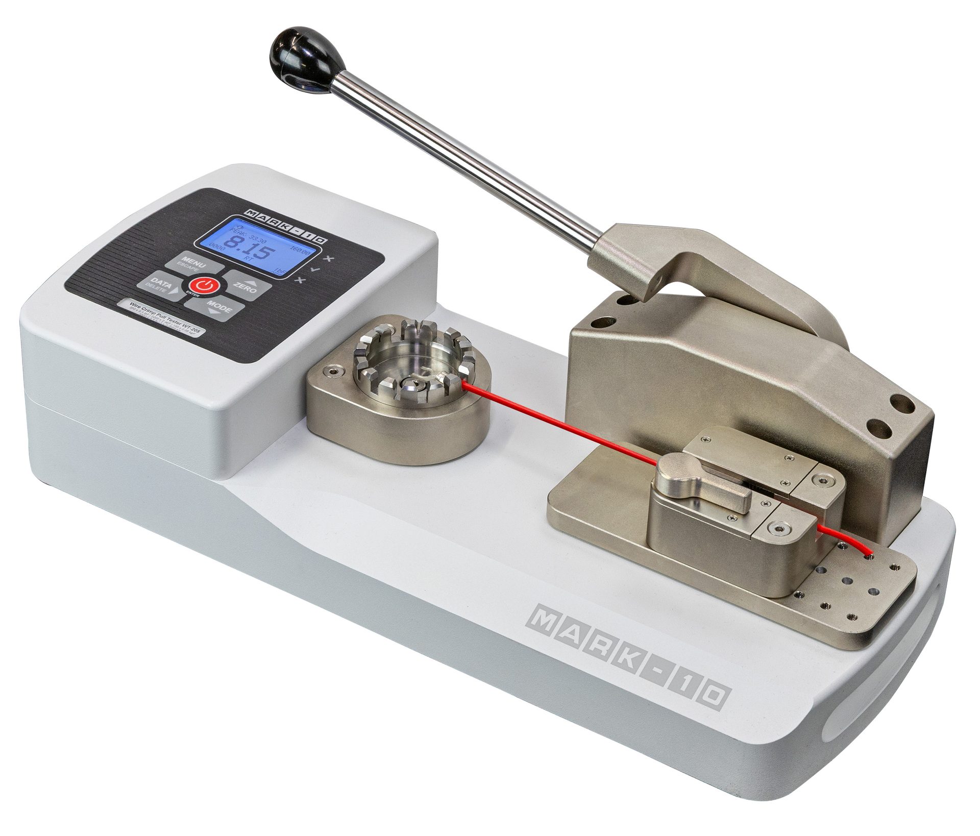 Mark-10 Wire Crimp Pull Tester with red wire, display 8.15.