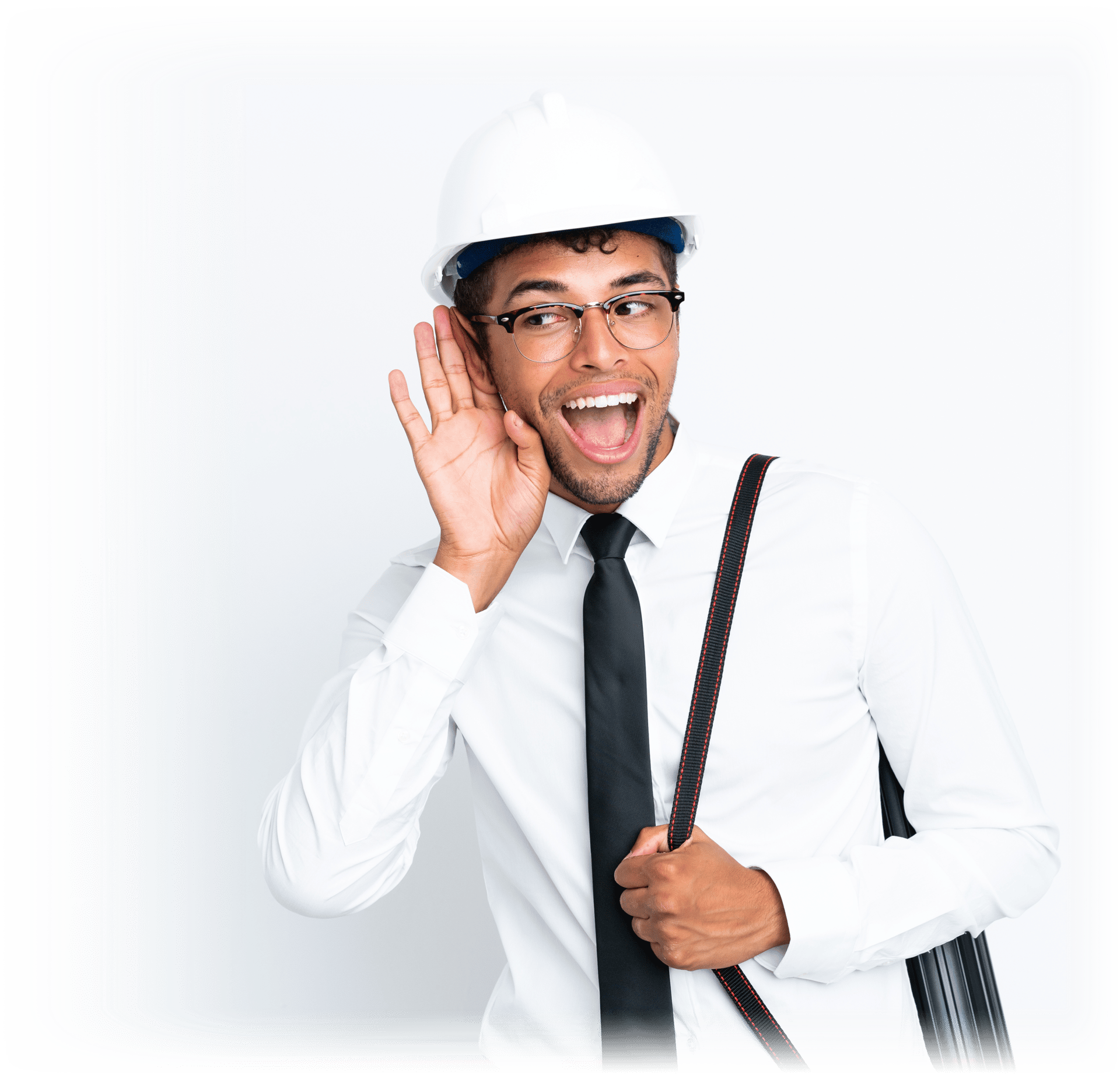 Man with a hardhat listening