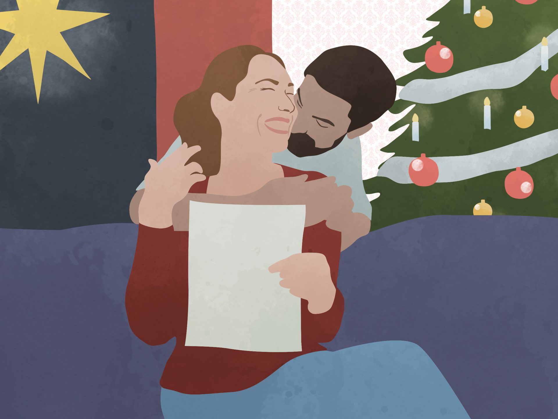 Man kisses joyful woman holding paper on couch, Christmas tree nearby.