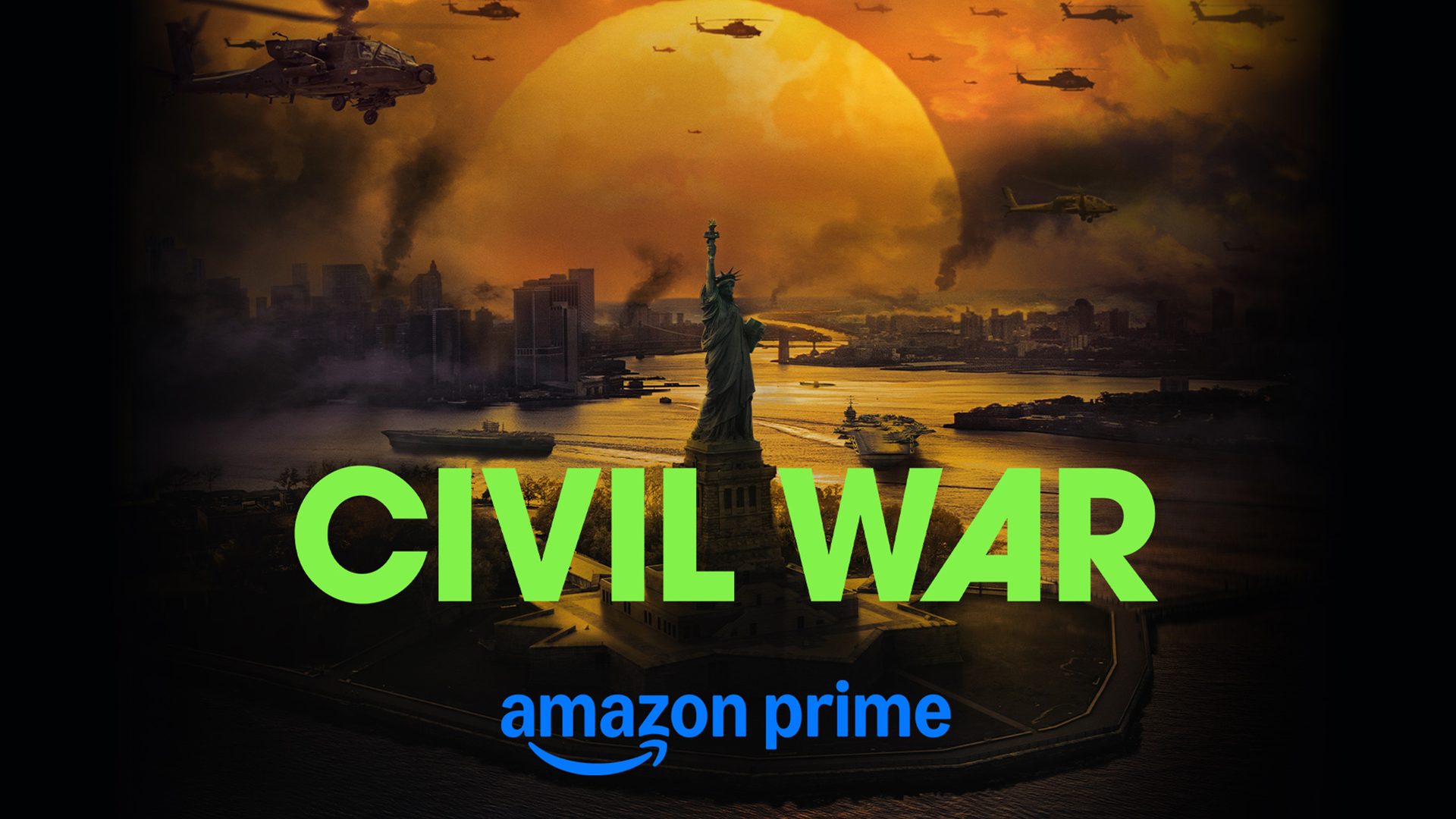 Apocalyptic NYC with Statue of Liberty, military, "CIVIL WAR" text, and "amazon prime" logo.