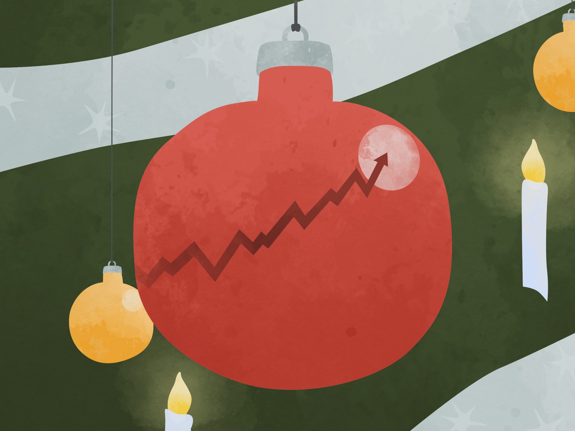A red Christmas ornament with an upward stock market graph, flanked by yellow ornaments and candles on a festive background.