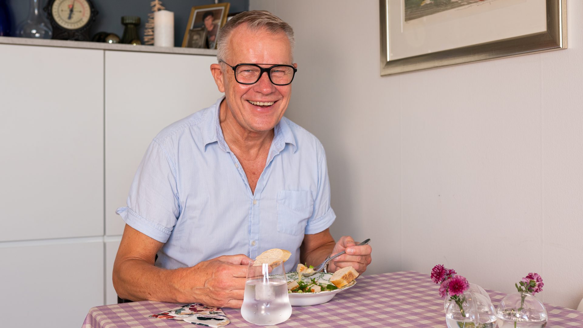 Picture frame, Glasses, Smile, Tableware, Table, Food, Dishware